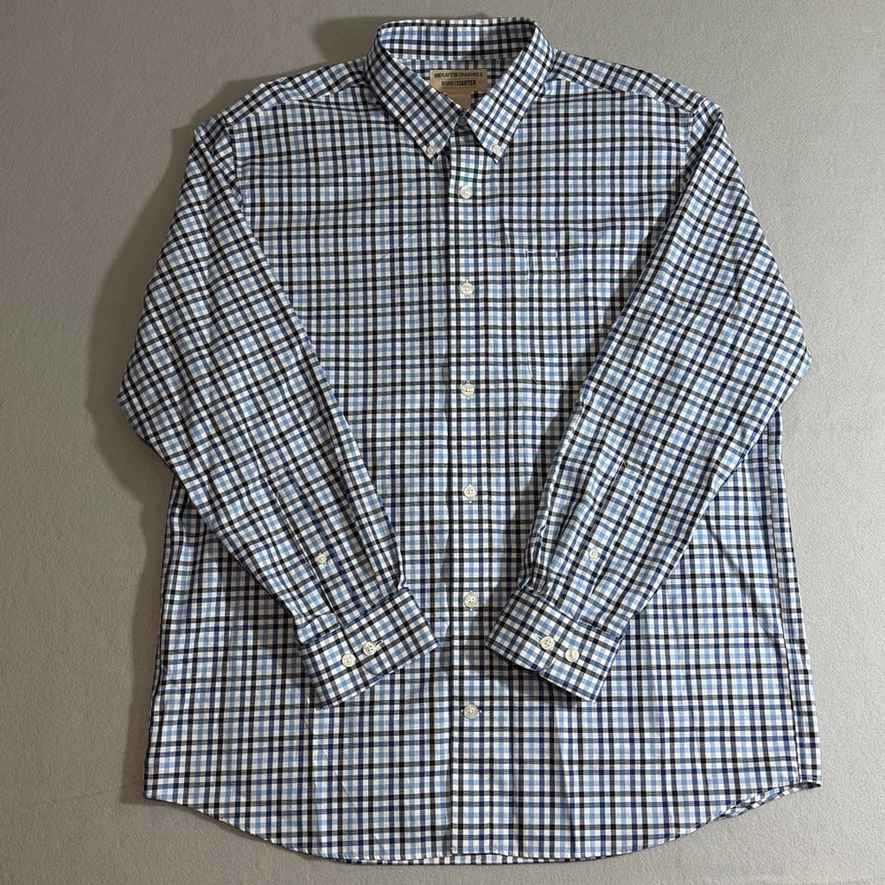 Duluth Trading Men’s Large Wrinkle‎ Fighter Blue Gingham Check Plaid Shirt 92105